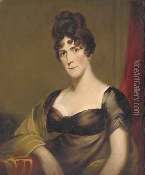 Portrait of a lady, bust-length, in a brown dress Oil Painting - English School