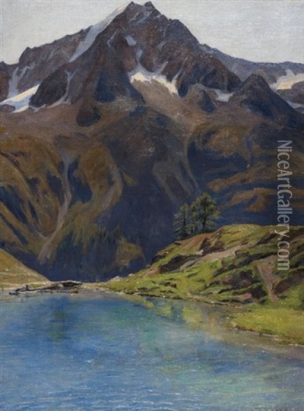 Lac Bleu Et Dent De Perroc Valais Oil Painting - Paul Virchaux