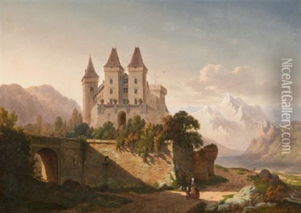Vue D'un Chateau Au Bord D'un Lac De Montagne Oil Painting - Henri J. Schoofs