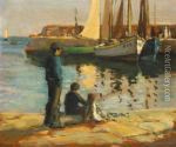 Children Fishing At The Harbour Oil Painting - James Humbert Craig