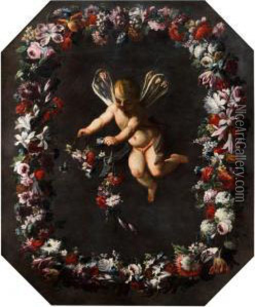 Putto Mit Libellenflugeln In Blutenkranz Schwebend Oil Painting - Giovanni Stanchi