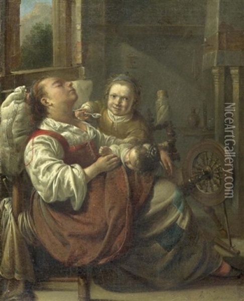 Schlafende Frau Mit Zwei Kindern Oil Painting - Jacob Duck