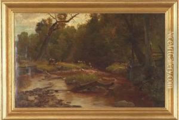 Creekside Landscape With Cattle Grazing Oil Painting - James Brade Sword