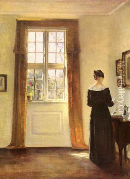 Woman In Interior Oil Painting - Carl Vilhelm Holsoe