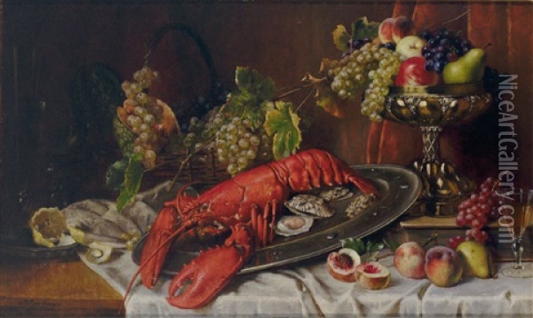 Stilleben Mit Groser Languste, Austern, Obst Und Feinem Venezianischen Glas Oil Painting - Max Ebersberger