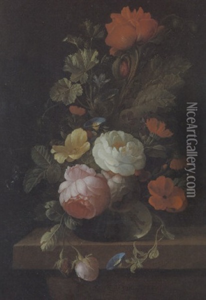 Blumenstrauss Von Rosen, Wicken, Schneerose Und Mohn In Einer Glasvase Oil Painting - Elias van den Broeck