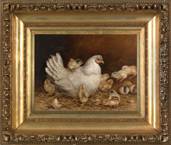 Hen And Nine Chicks Oil Painting - Ben Austrian