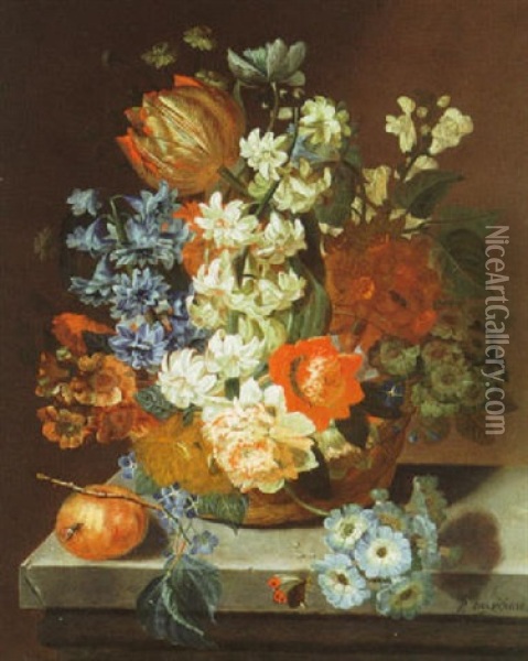 Still Life With A Bouquet Of Mixed Flowers, An Orange, And A Butterfly All On A Ledge Oil Painting - Pieter Hardime