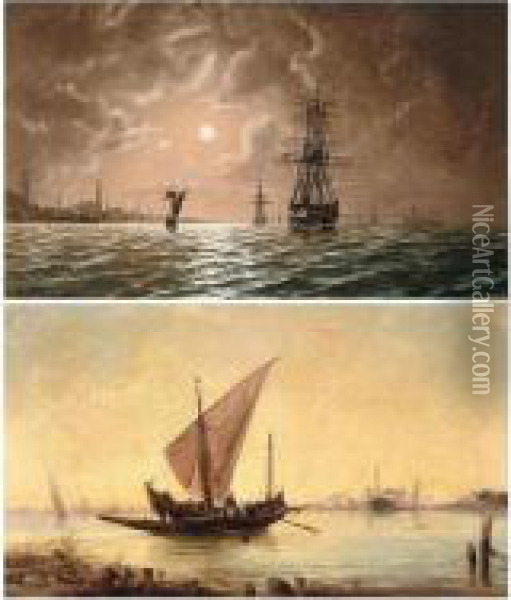 Shipping On The Bosphorus Off Constantinople, By Moonlight Oil Painting - Edward Hoyer