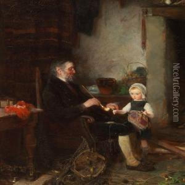 A Little Girl Is Lightinggrandfathers Pipe Oil Painting - Emma Ekwall