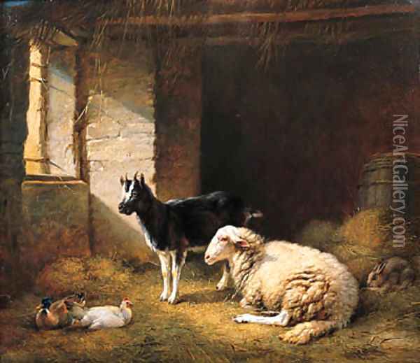 A Ewe, a Goat, a Rabbit and a Duck in a Barn Oil Painting - Eugene Verboeckhoven