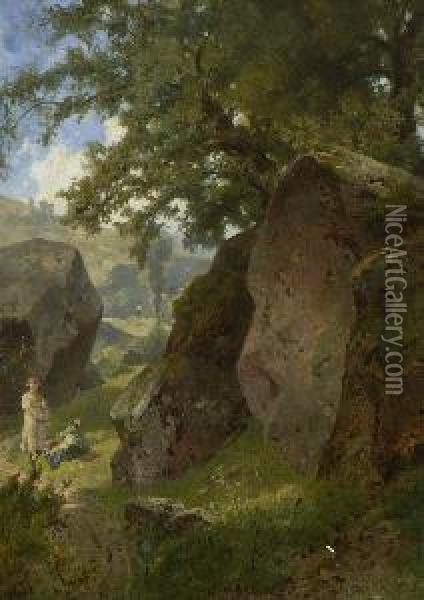 Zwei Rastende Frauen In
 Felsenlandschaft. Oil Painting - Ernst Schweinfurth
