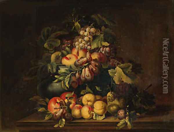Peaches, plums, grapes, pears and limes in an urn with other fruit on a ledge Oil Painting - Giovanni Paolo Castelli, Called Spadino