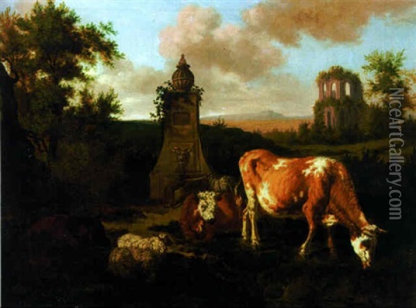 Cattle Grazing By A Fountain, A Classical Ruin Beyond Oil Painting - Dirk van Bergen