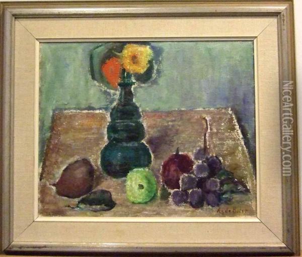 Stilleben Med Flaska, Snacka Och Frukt. Oil Painting - L. Holst