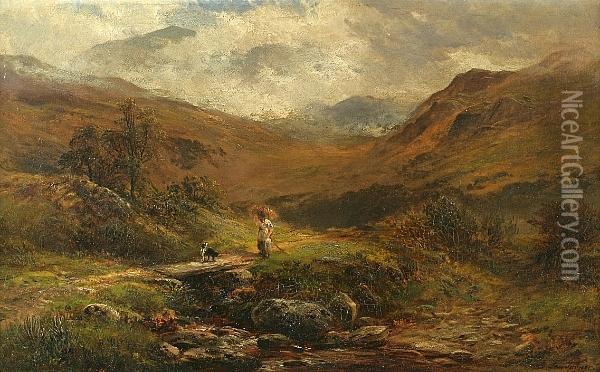 A View Near Capel Curig, North Wales With A Figure And A Dog On A Path In The Foreground Oil Painting - George Turner
