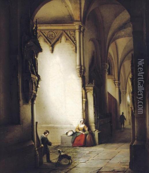 A Sunlit Church Oil Painting - George Harvey