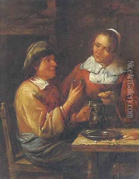 A peasant couple eating in an interior Oil Painting - Egbert Van Heemskerck