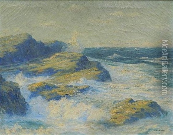 Waves Against Rocks Oil Painting - William R. C. Wood