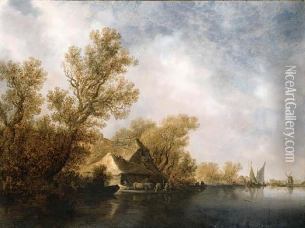 A River Landscape With Passengers And Cows On A Ferry Near Athatched Cottage Oil Painting - Jan van Goyen