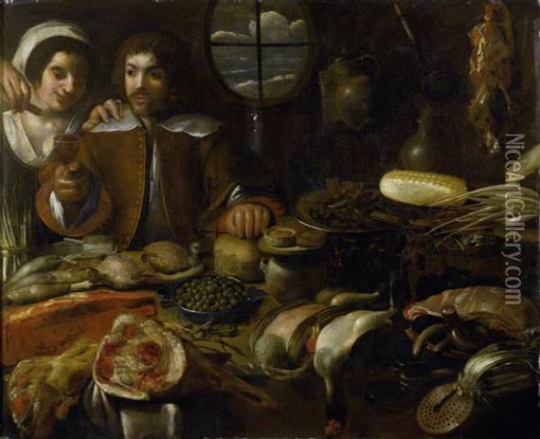 Large Still Life With Apeasant Couple In A Kitchen Oil Painting - Francisco Barrera