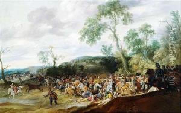 Cavalry Battle In An Extensive Landscape. Oil Painting - Paulus Van Hillegaert