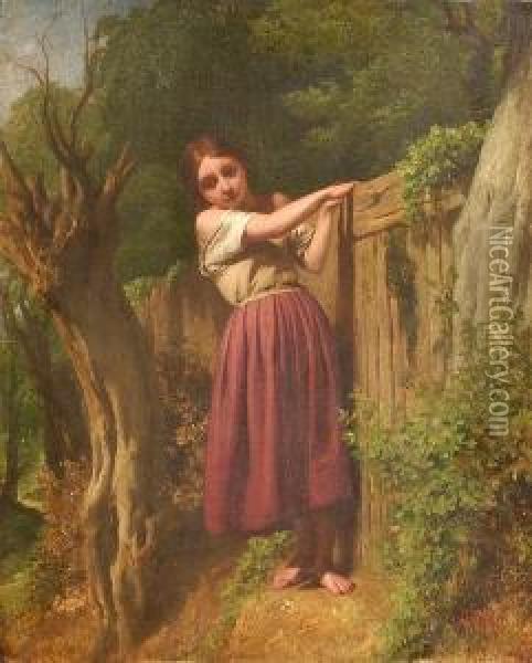 A Portrait Of A Young Girl By A Fence Oil Painting - John Snr. Holland