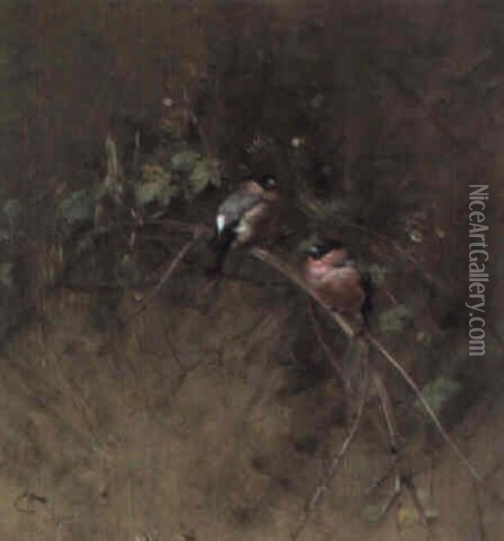 Bullfinches In A Blackberry Thicket Oil Painting - Edwin John Alexander