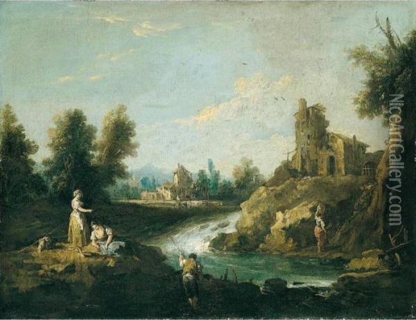 A River Landscape With A 
Fisherman And Women In The Foreground, A Woman Carrying Water Towards A 
House Beyond Oil Painting - Giuseppe Zais