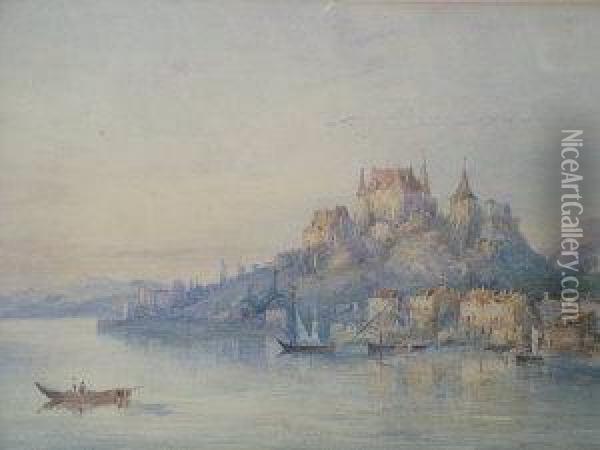 19th Century- Fishing Vessels 
Off A European Town With A Castle On A Mountaintop; 
Watercolour,25.5x37cm Oil Painting - Edward Tucker