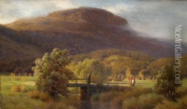 Figures In A Hayfield In A River Landscape Oil Painting - Alfred Augustus Glendening
