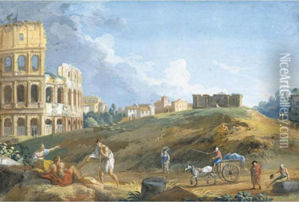 View Of The Colosseum With Travellers In The Foreground Oil Painting - Jan Frans Van Bloemen (Orizzonte)