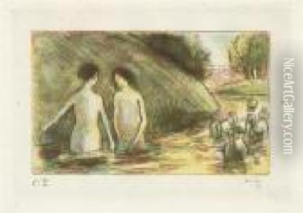 Baigneuses Gardeuses D'oies Oil Painting - Camille Pissarro