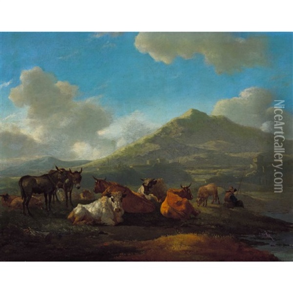 Ruhende Viehherde Mit Angler Oil Painting - Willem Romeyn
