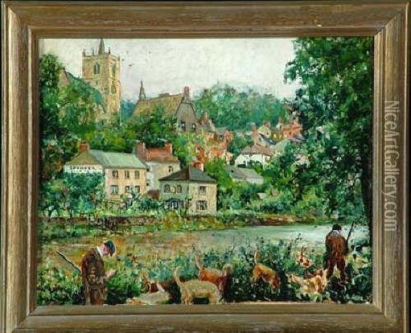 9in. X 11 1/2in. On Board A 
Beagle Hunt Near A Riverside Town With Inscription On The Reverse Oil Painting - John Falconar Slater