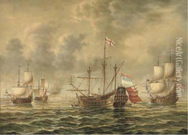Warships Off A Coastal Town Oil Painting - James Hardy