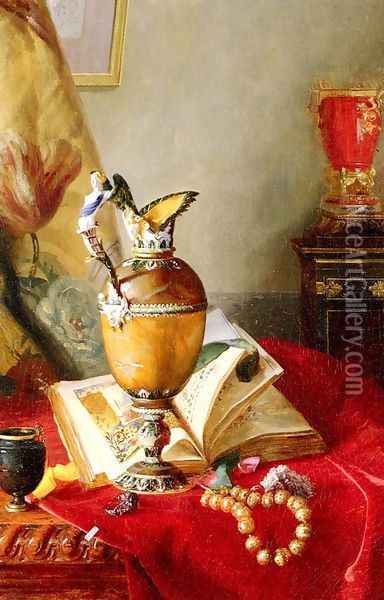 A Still Life With Urns And Illuminated Manuscript On A Draped Table Oil Painting - Blaise Alexandre Desgoffe