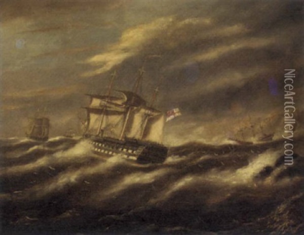 A Squadron In Heavy Seas Oil Painting - Thomas Buttersworth