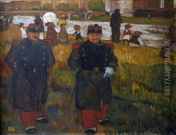 Le Dimanche Au Bord De L'eau Ou Les Deux Soldats Oil Painting - Jean Emile Laboureur