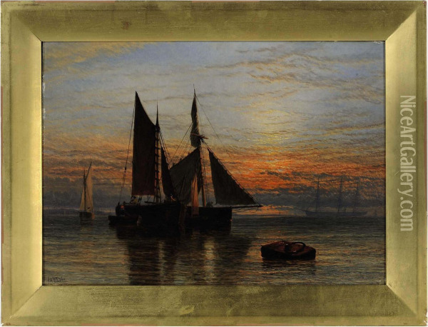 Shipping On A Calm Sea At Dusk Oil Painting - Henry Thomas Dawson