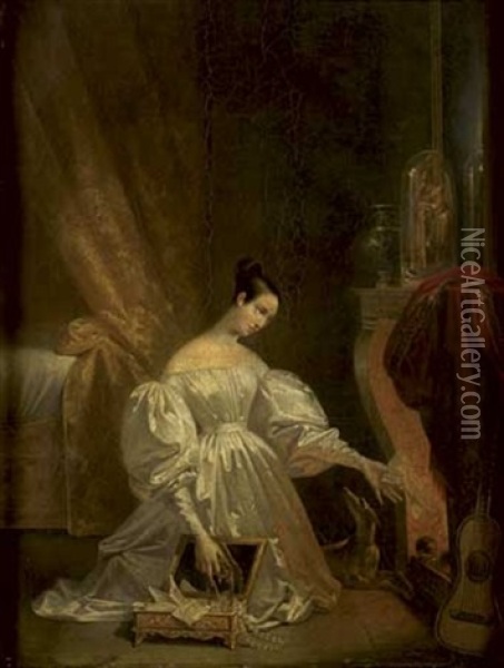 Jeune Femme Brulant Sa Correspondance Oil Painting - Pierre-Jerome Lordon