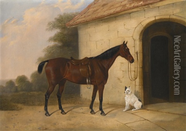 A Saddled Bay Hunter Tethered To A Gatehouse, With A Terrier Oil Painting - Edward (of Coventry) Brown