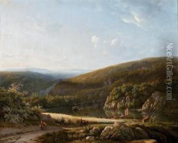 Moored Vessels In A Panoramic Riverlandscape Oil Painting - Georg Andries Roth