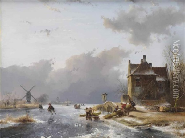 A Winter Landscape With Loggers On The Ice Oil Painting - Andreas Schelfhout