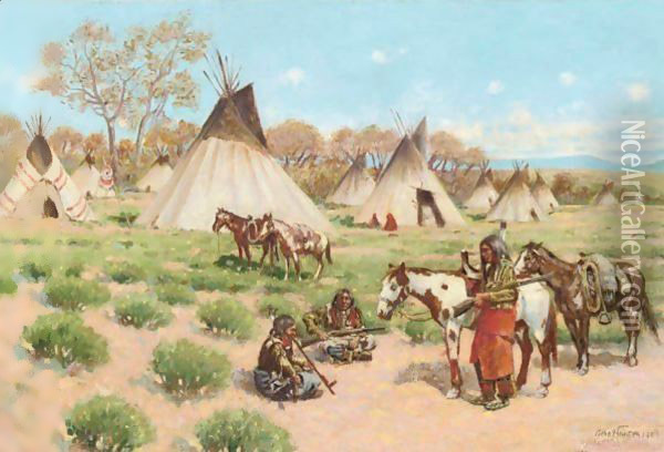 A Visit In Camp, Pine Ridge Reservation, South Dakota Oil Painting - John Hauser