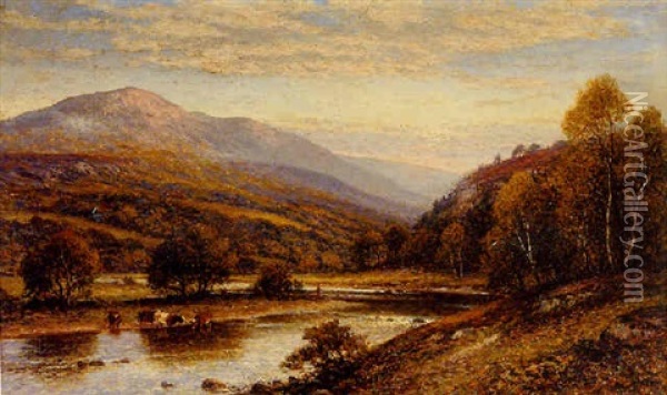 Cattle Watering With A Fisherman Beyond Oil Painting - Alfred Augustus Glendening Sr.