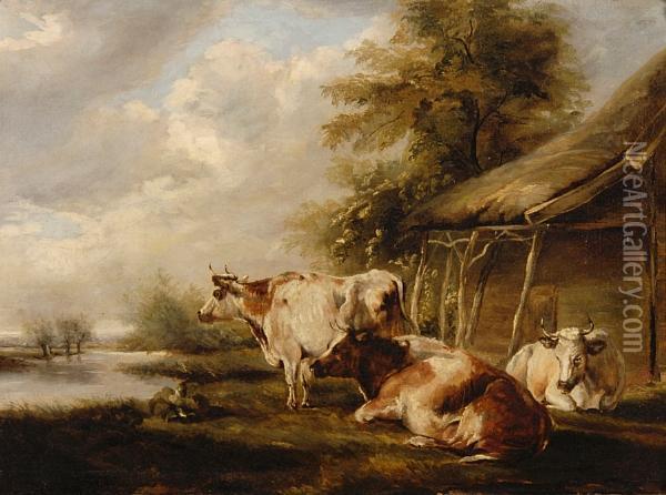 River Landscape With Cattle Before A Barn Oil Painting - Robert Ladbrooke