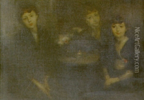 Les Trois Femmes Au Cafe Oil Painting - Eugene Carriere