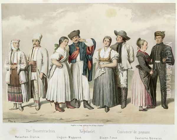Costumes of Peasants from (L to R) Romania, Hungary, Slovakia and Germany, from 'Esquisses de la Vie Populaire en Hongroie by Gabriel de Pronay, 1855 Oil Painting - H. Veber