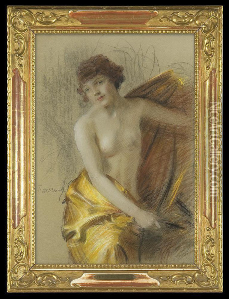 Nude In A Golden Drapery Oil Painting - Teodor Axentowicz